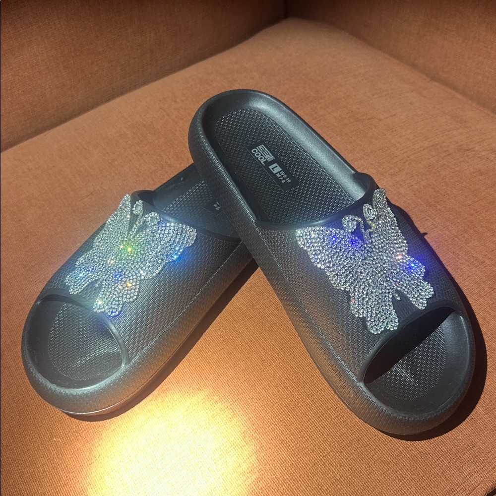 32 Degrees Black Slippers with Rhinestone Butterfly Design